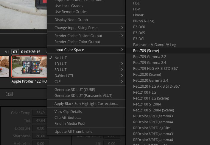 Beviteli színtér hozzárendelés a DaVinci Resolve-ban